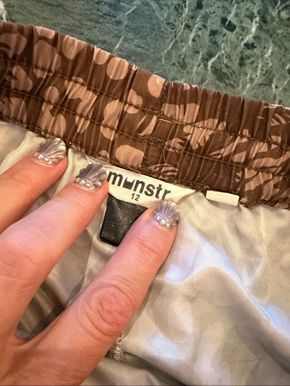 🤎 Munster Brown and Tan Palm Print Kids (12) Swim Trunks (needs sewing love) 🤎